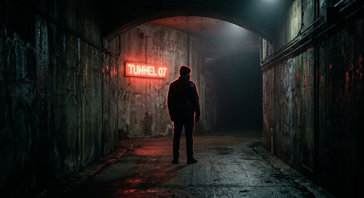 Dark city underpass lit by red neon