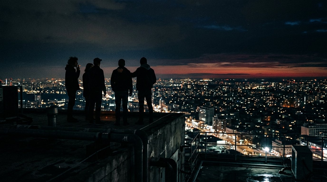 Silhouettes on a rooftop overlooking the city at night