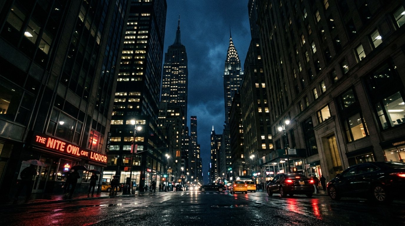 Downtown city street canyon at night